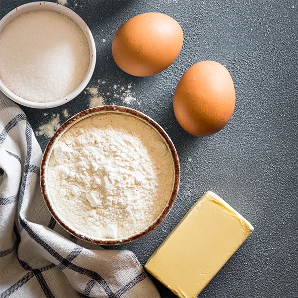 baking ingredients: flour, eggs, and butter 1